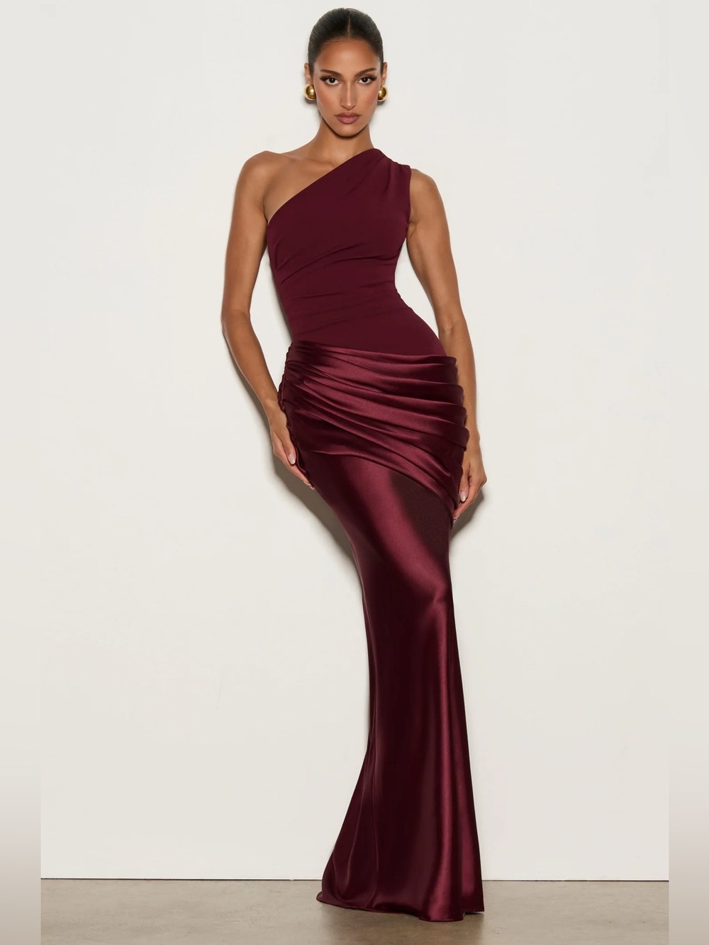 One-Shoulder Burgundy Ruched Satin Evening Gown